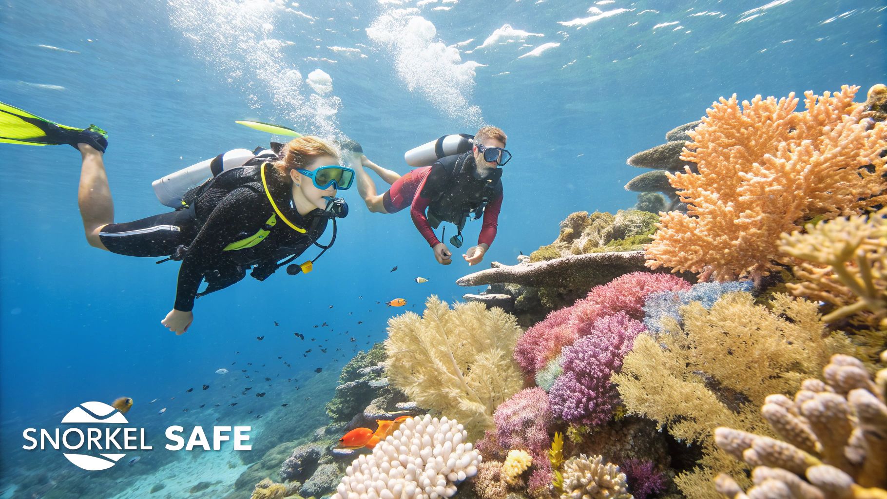 A snorkeler carefully observing a coral reef without touching it.
