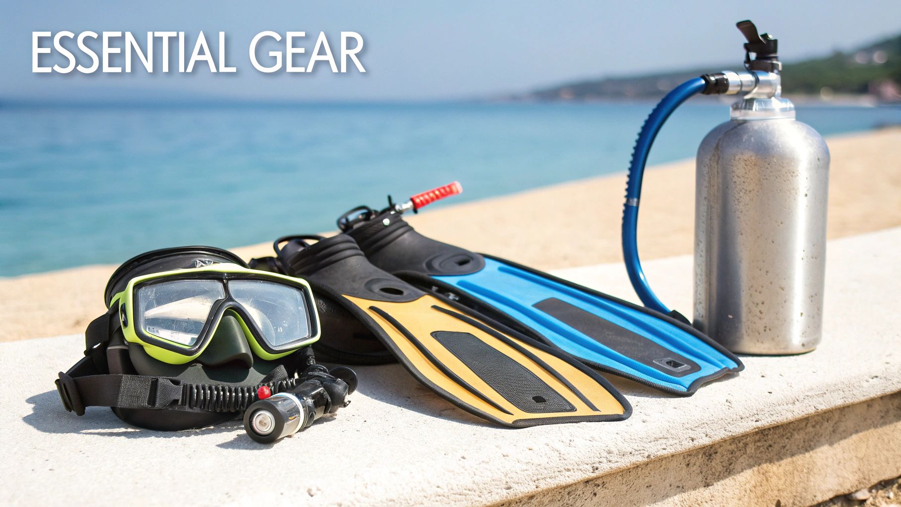 Scuba diving gear including mask, regulator, flippers, and air tank on a beach.