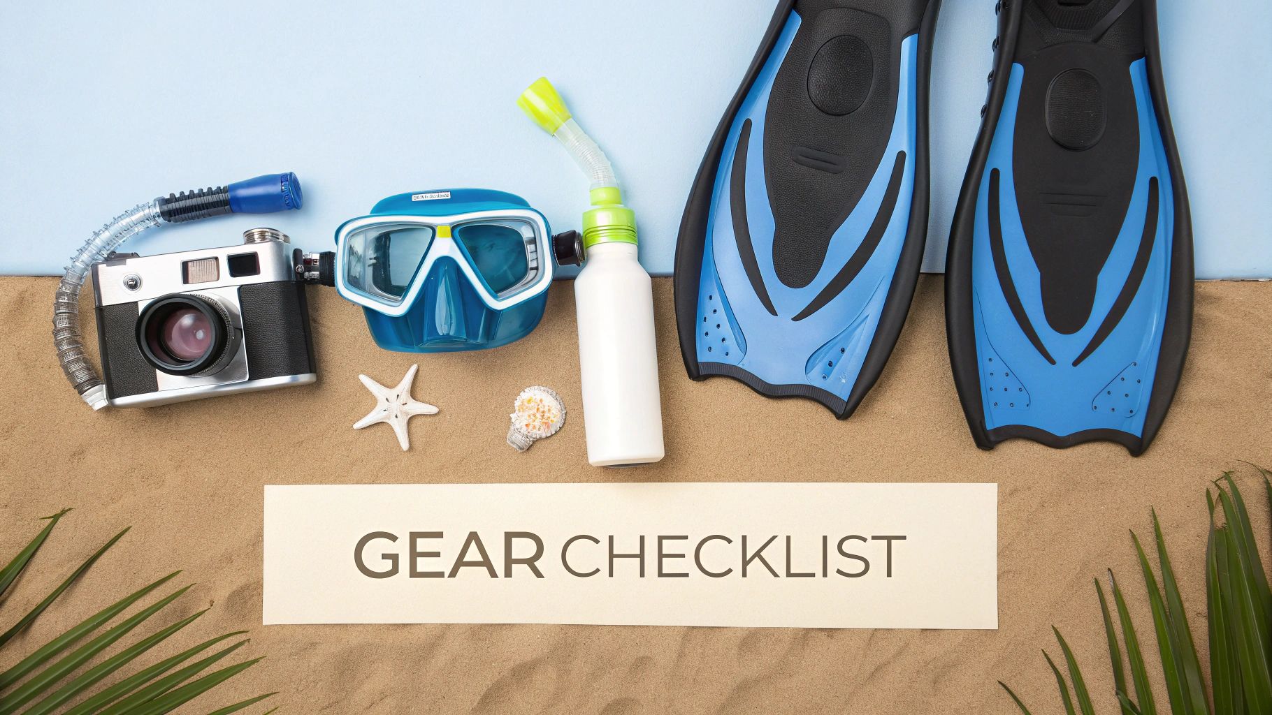 A person's hand holding a snorkeling mask and snorkel against a sunny, beach background.
