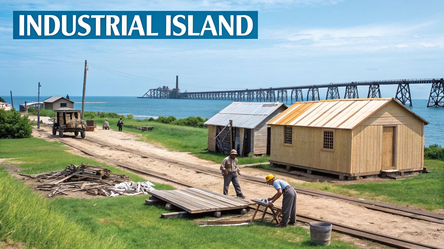 Historic industrial island with men working near railroad tracks and a long pier.