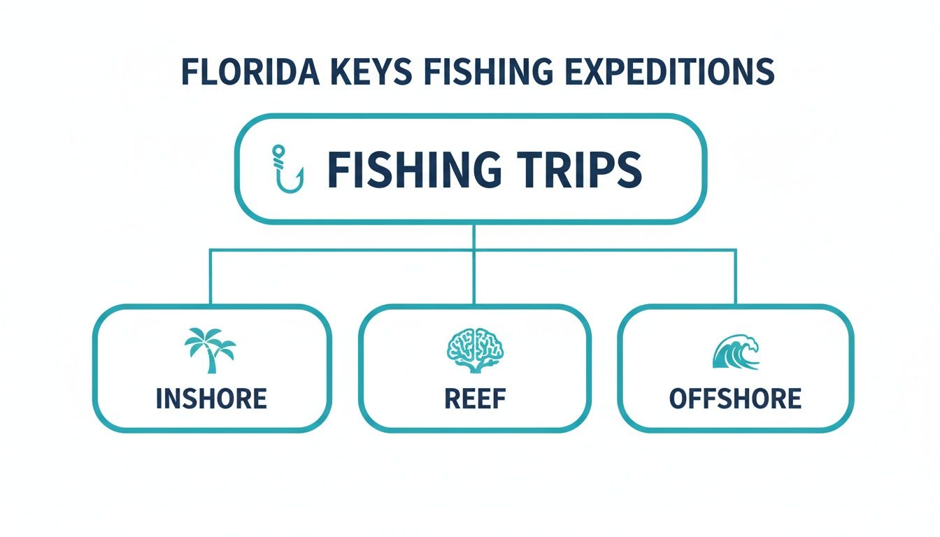 A diagram illustrating Florida Keys fishing expeditions, detailing inshore, reef, and offshore fishing trip options.