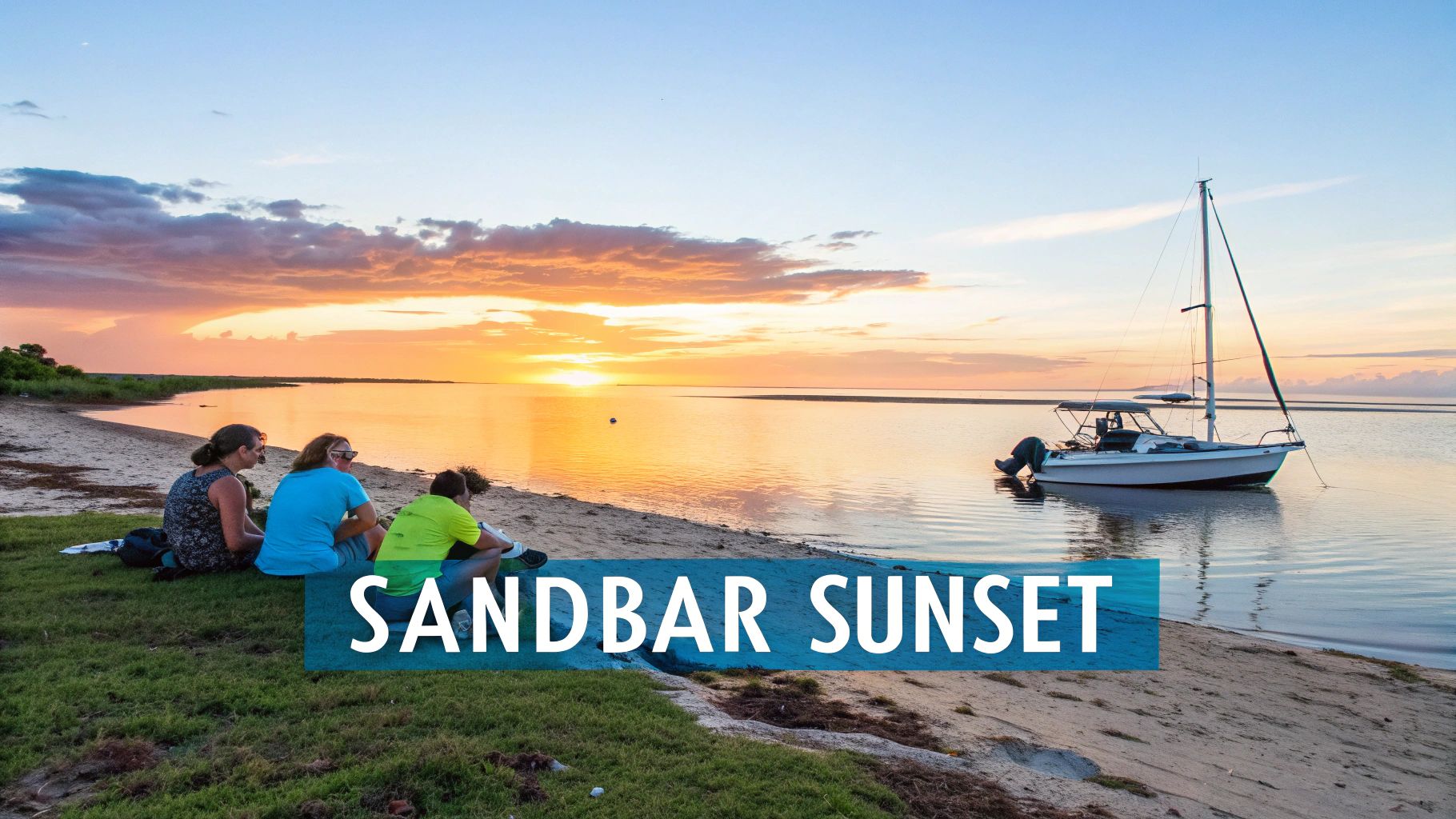 A group of people relaxing on a sandbar in Marathon, FL, with clear turquoise water and a boat in the background.