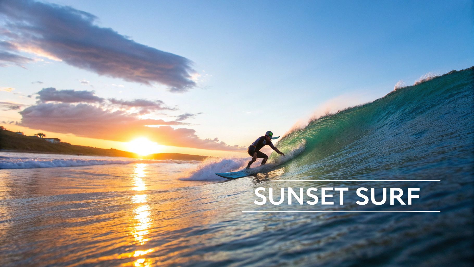 A surfer on a blue surfboard rides a green wave at sunset with golden light reflecting on the water.