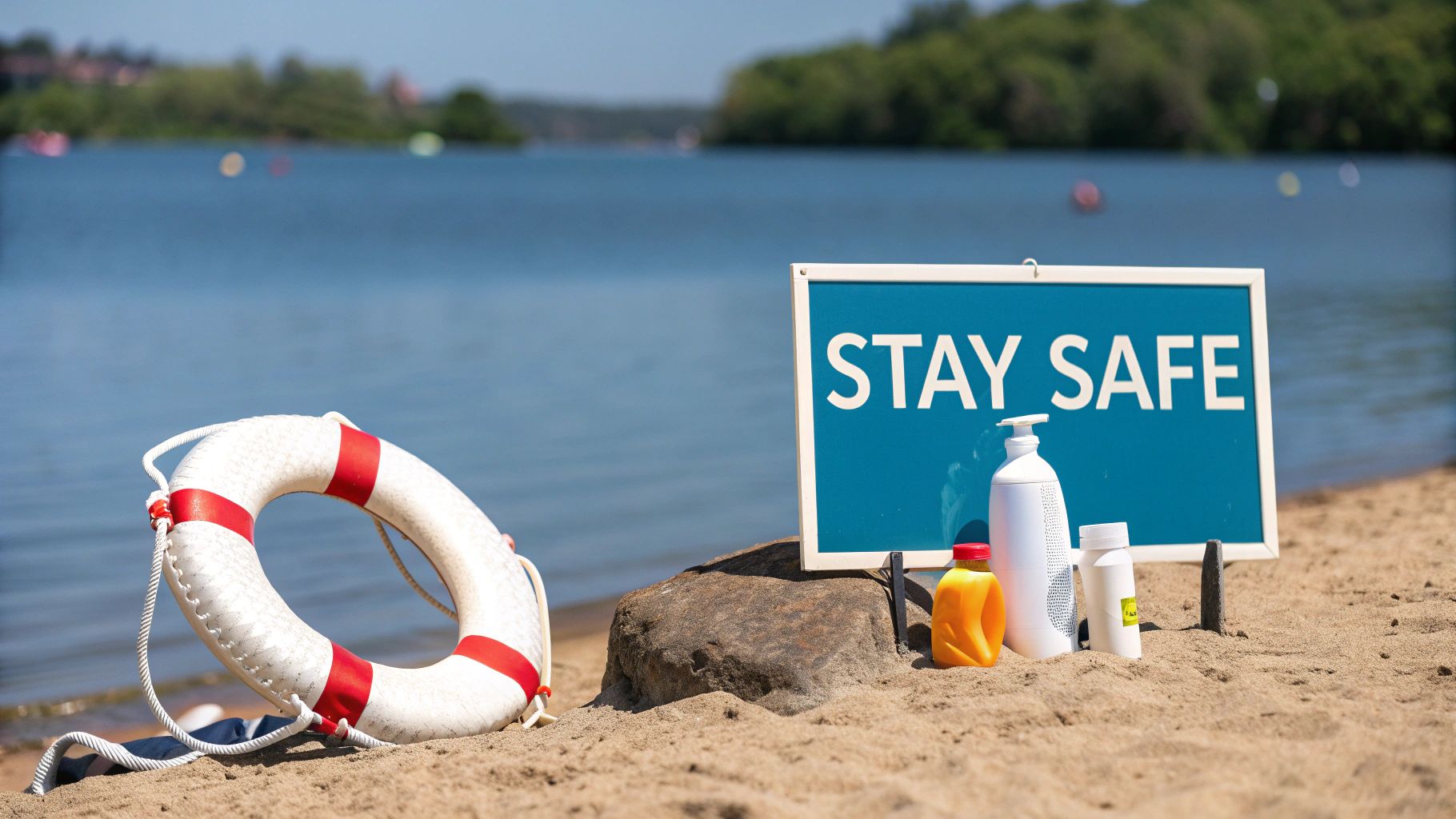 A lifebuoy and a "STAY SAFE" sign on a sandy beach next to a lake.