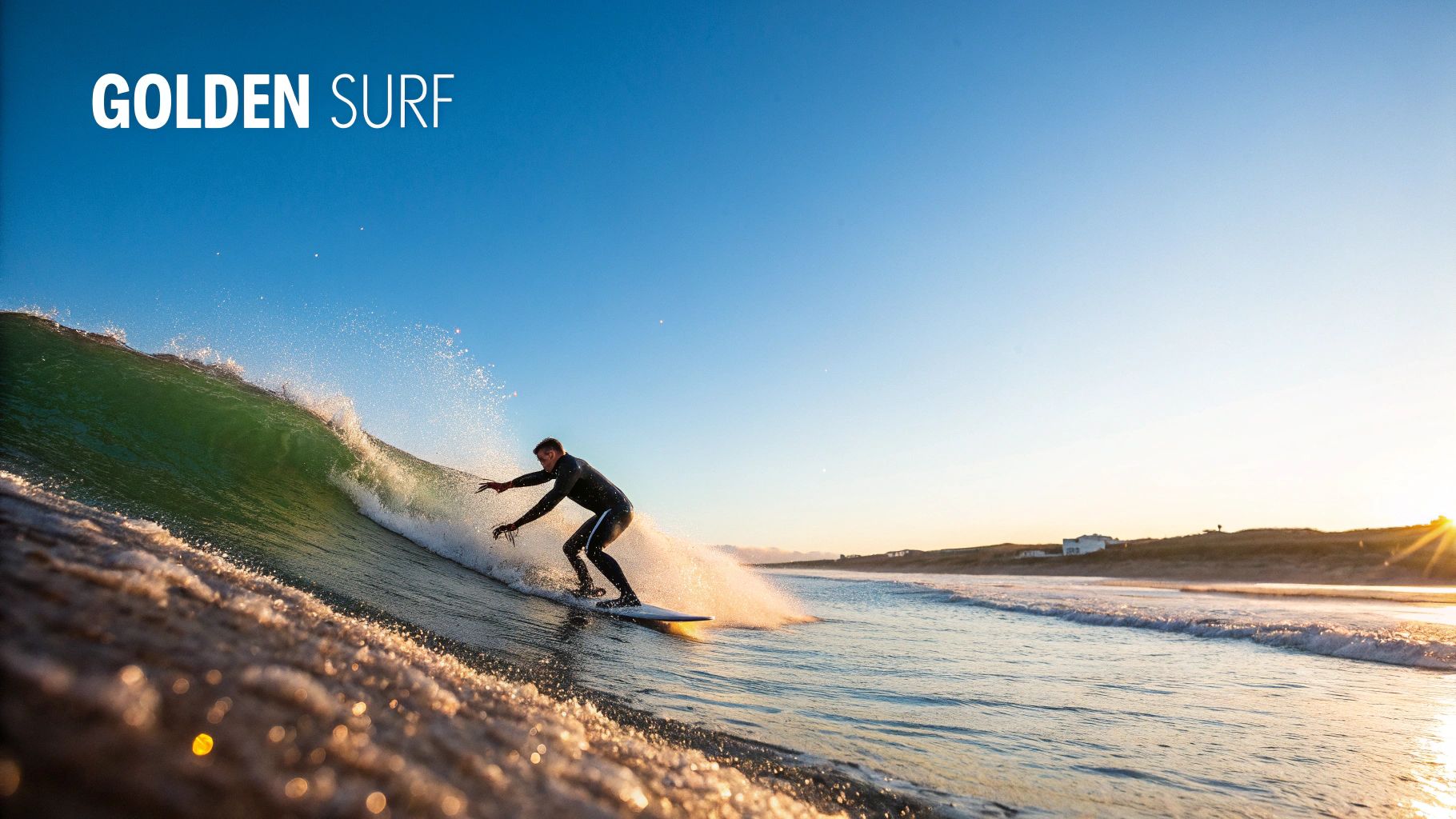 Surfer riding green ocean wave during golden hour sunset with coastal landscape backdrop