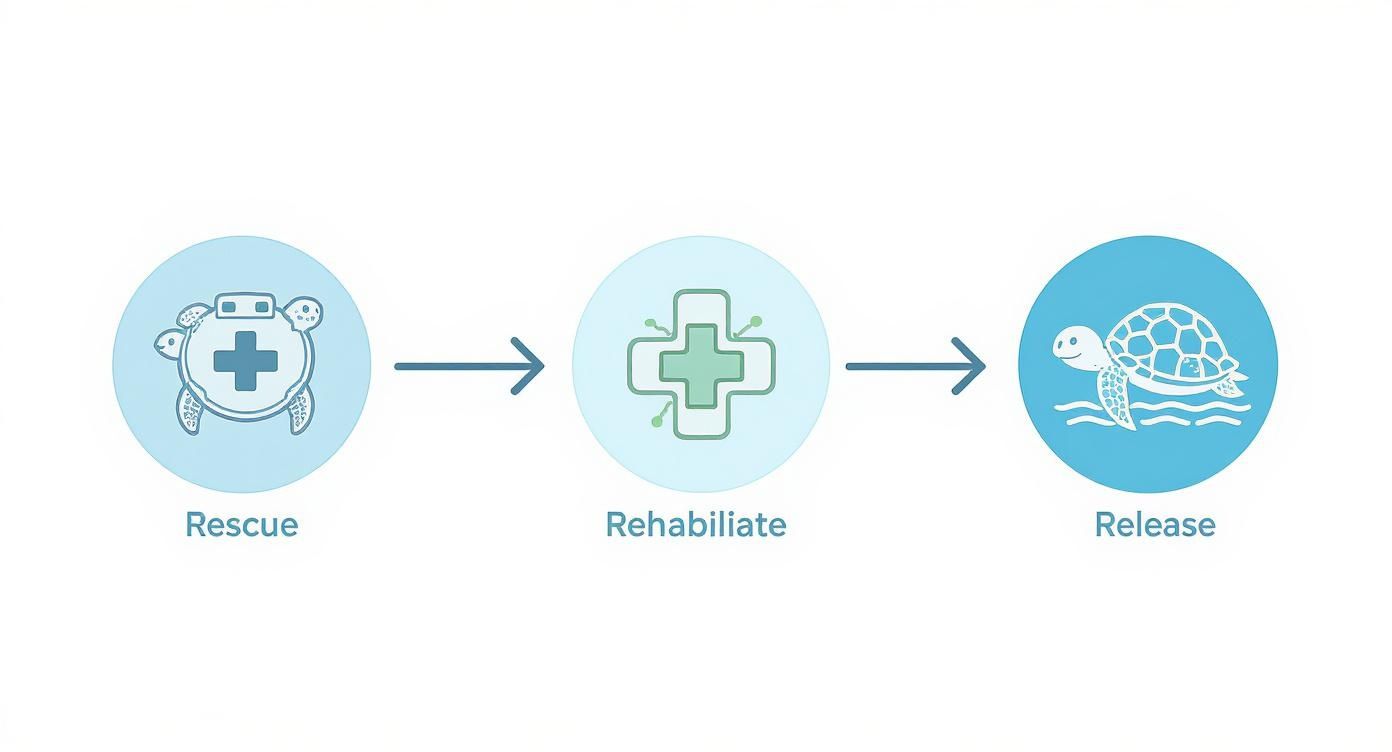 Diagram illustrating the three-step process of sea turtle rescue, rehabilitation, and release.
