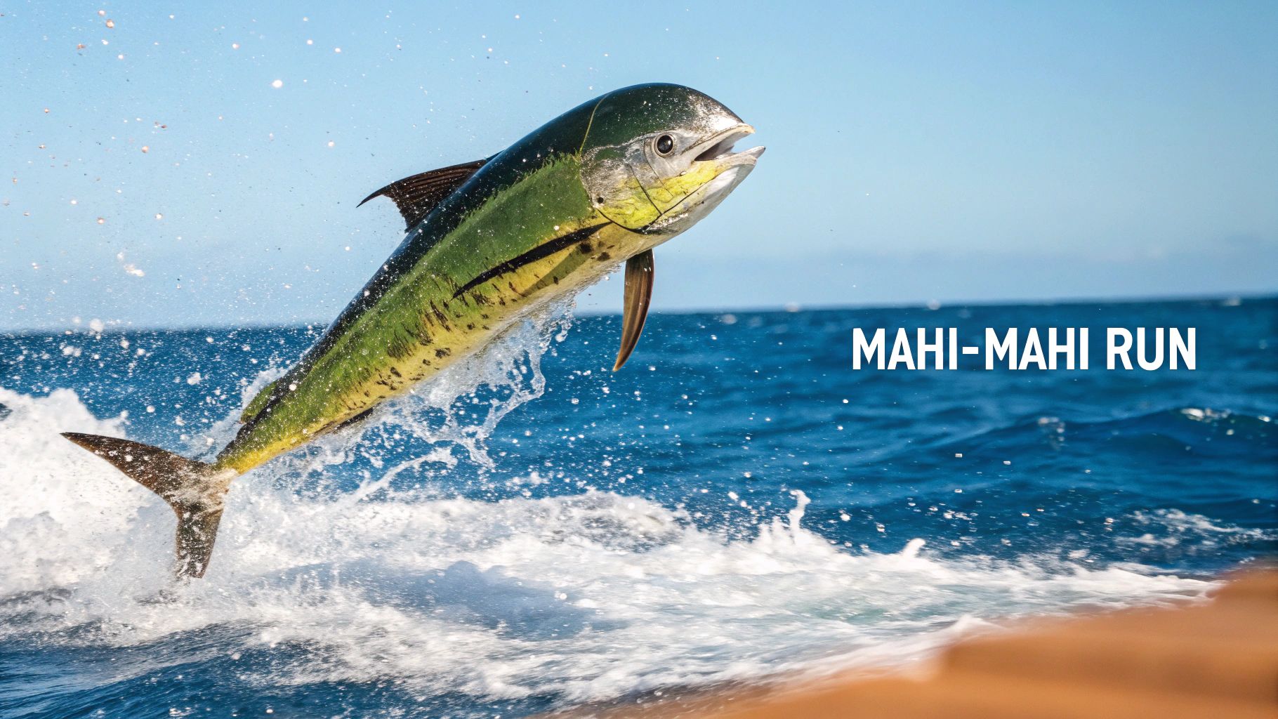 Vibrant mahi-mahi fish leaping out of ocean water near sandy beach in Florida Keys