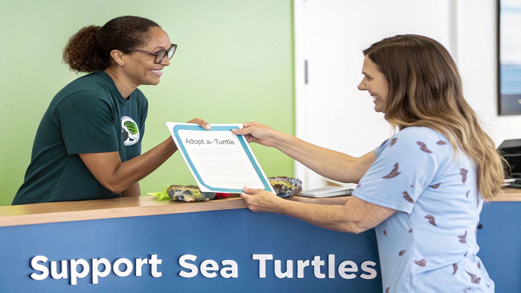 Two smiling women exchange an "Adopt a Turtle" document at a counter that reads "Support Sea Turtles."