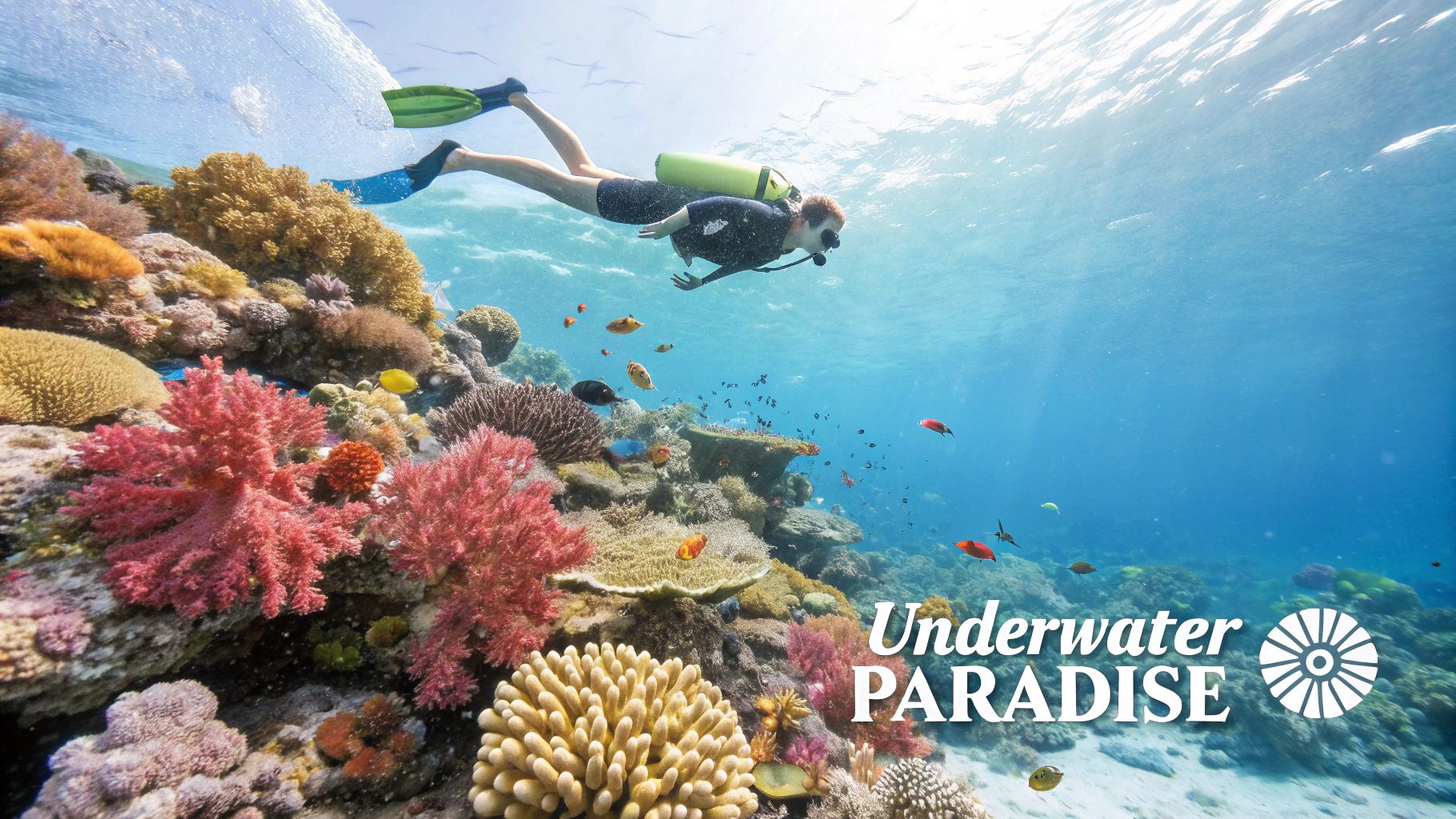A vibrant underwater scene with a snorkeler observing a coral reef teeming with colorful fish.