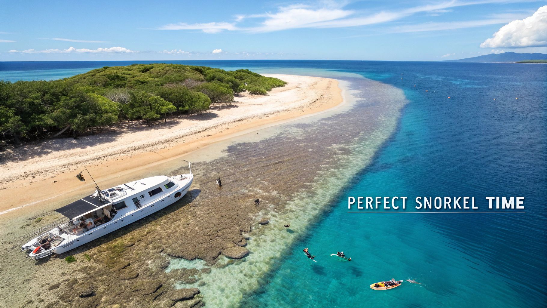 Aerial view of a white boat beached on a sandy shore, with people snorkeling in the vibrant blue ocean.