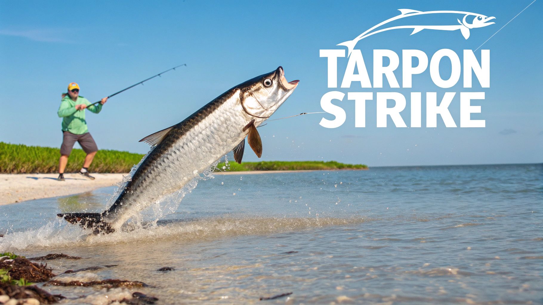 Tarpon fish jumping out of shallow water while angler fishing in Florida Keys