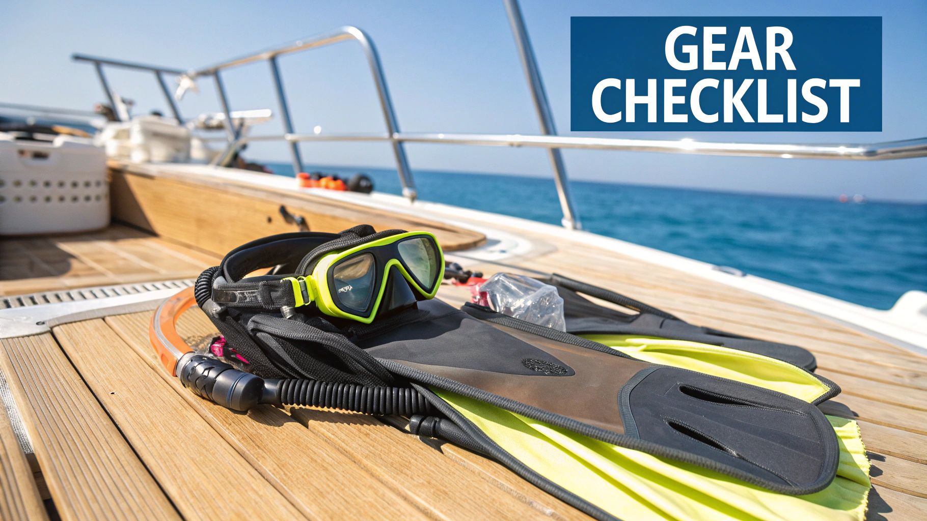 A collection of snorkeling gear, including a mask, snorkel, and fins, laid out on a sandy beach.