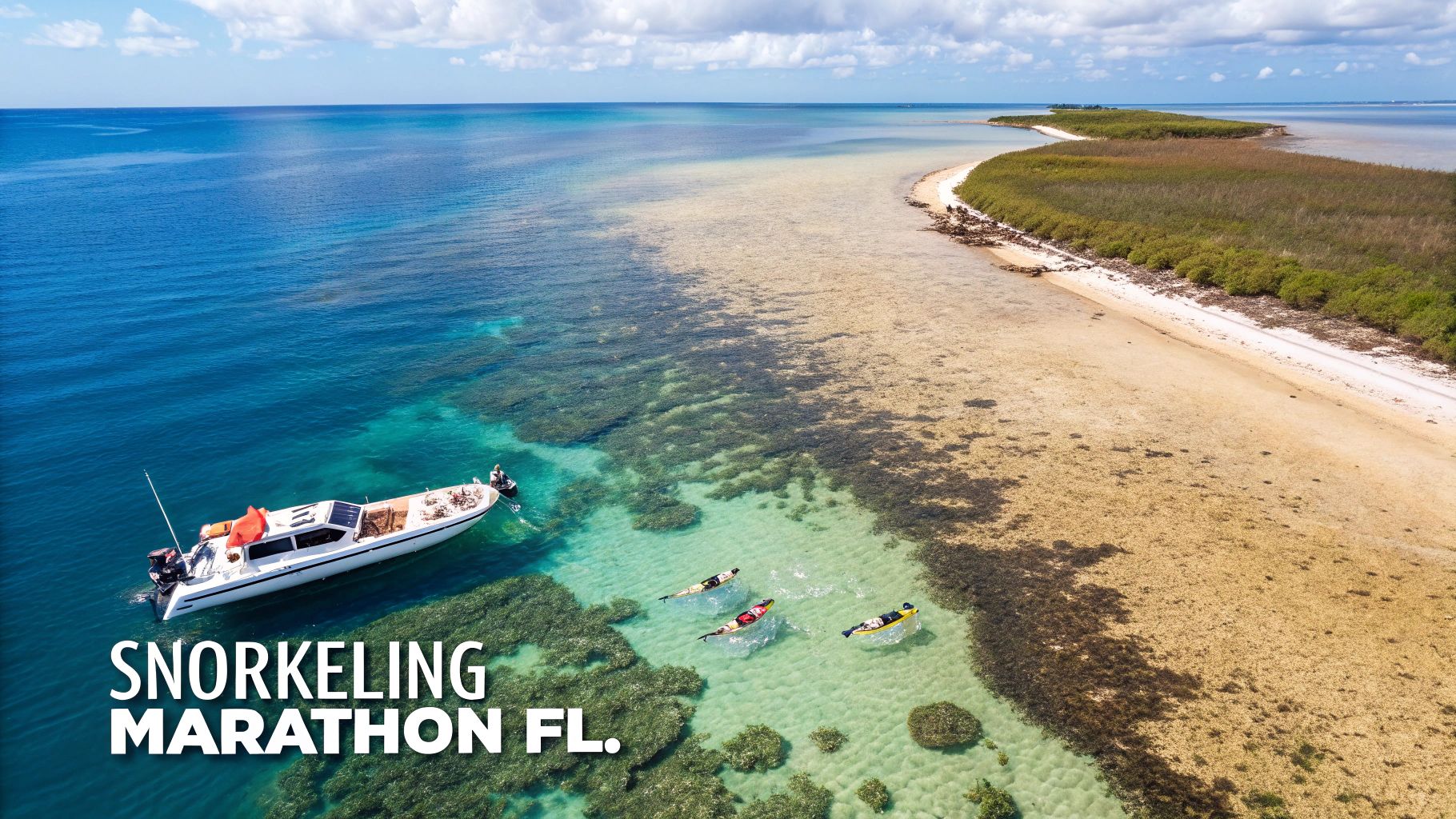 A snorkeler swimming over a colorful coral reef with fish in Marathon, FL.