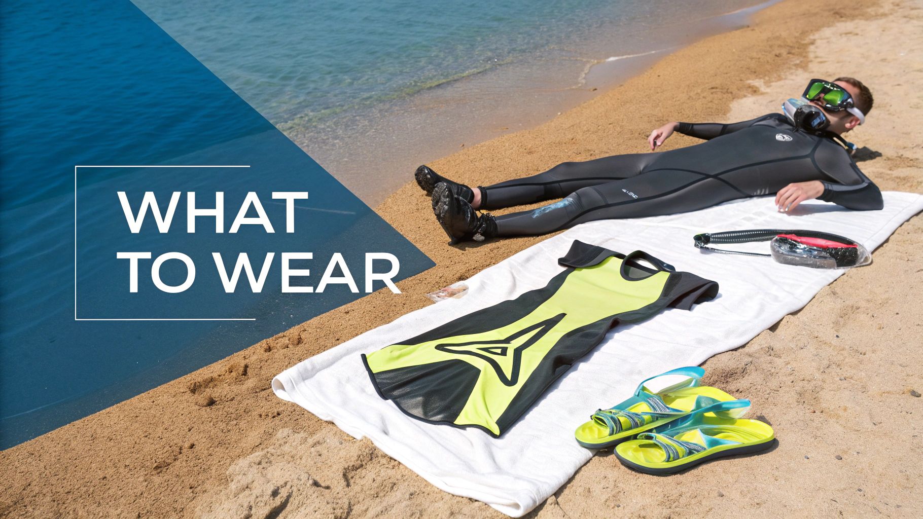 What to wear for water activities, featuring a person in a wetsuit and snorkeling gear on a beach.