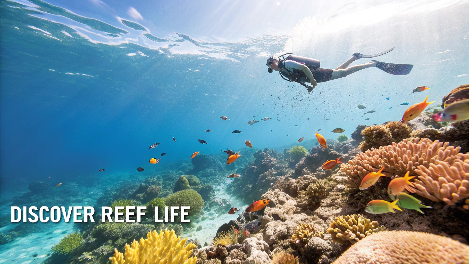 A vibrant underwater scene with a snorkeler swimming over a coral reef in Marathon, FL