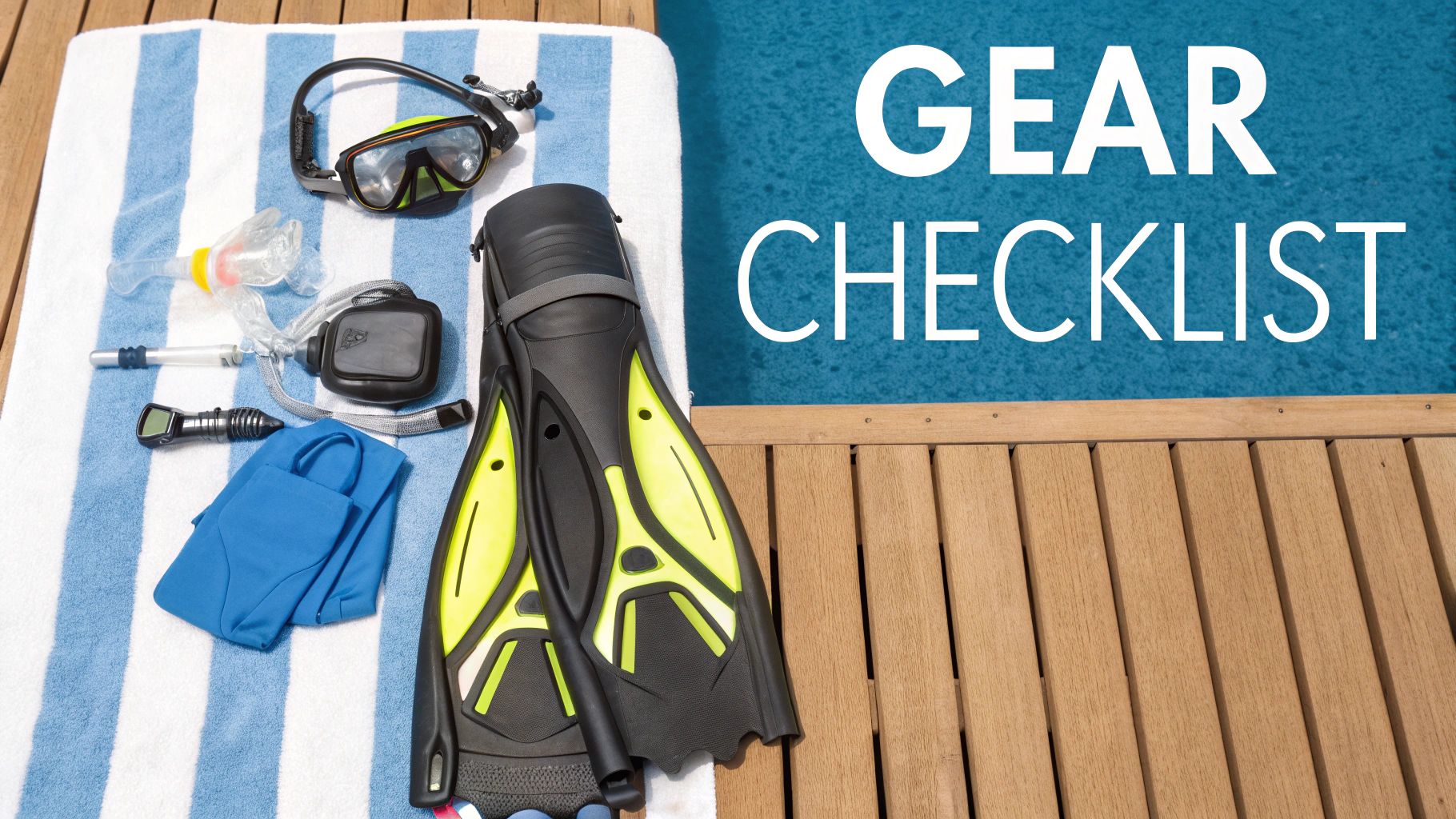 Essential snorkeling gear like a mask, fins, and snorkel laid out on a wooden dock