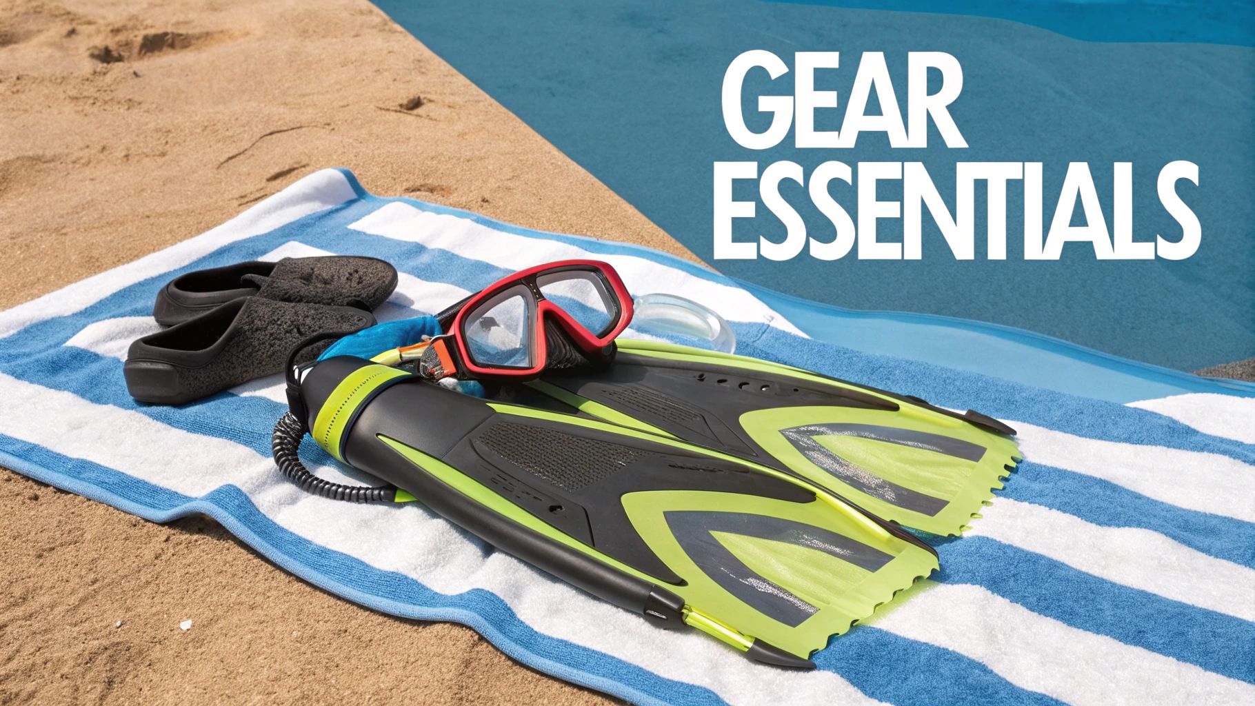 Snorkeling gear including a mask, snorkel, and fins laid out on a wooden dock.