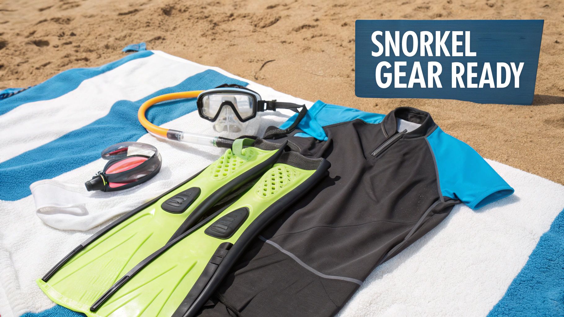 A collection of essential snorkeling gear including a mask, snorkel, fins, and reef-safe sunscreen.