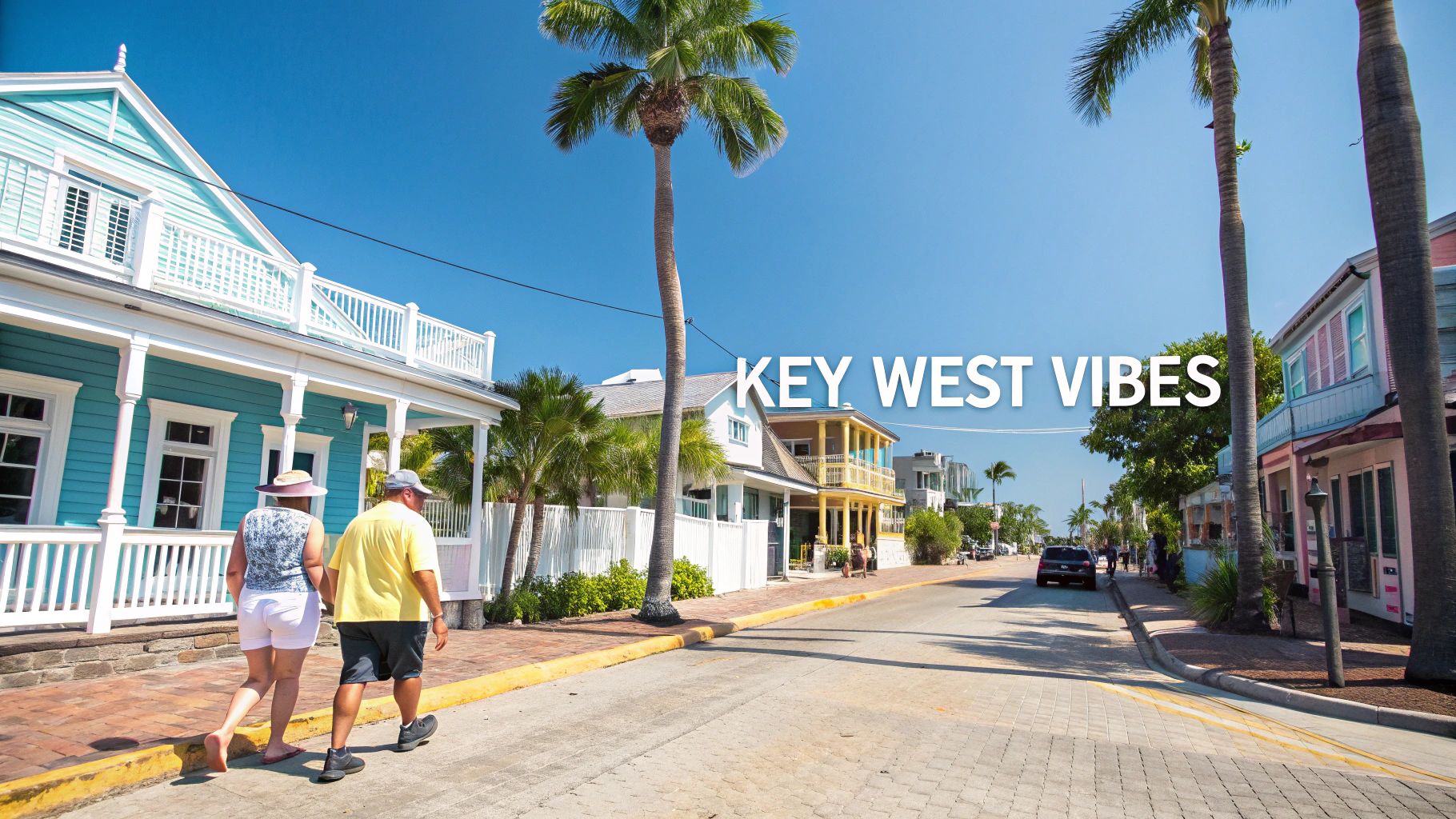A couple walks on a sunny street in Key West, Florida, lined with colorful houses and palm trees.