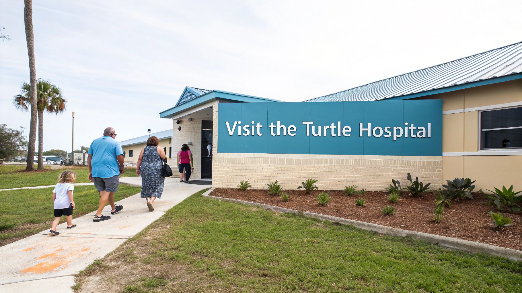 People walk towards a building with a large blue sign that says "Visit the Turtle Hospital".