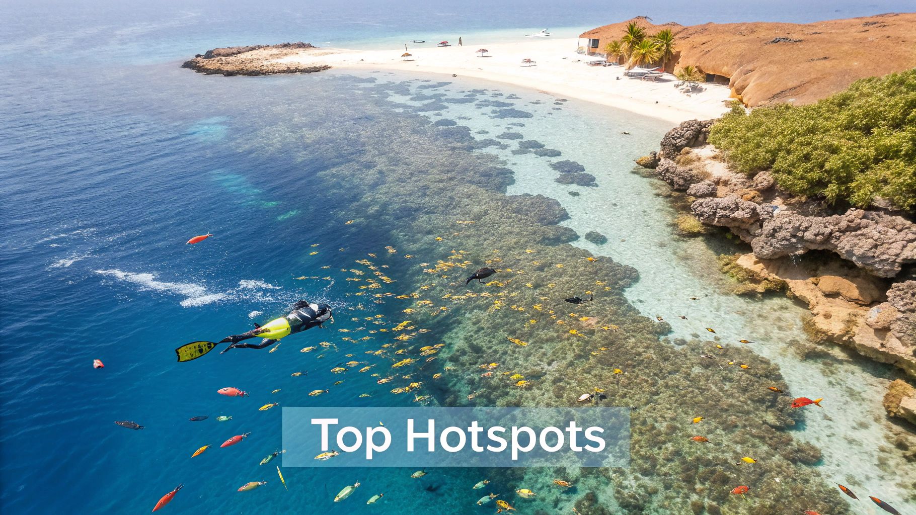 A vibrant underwater coral reef with colorful fish swimming around.