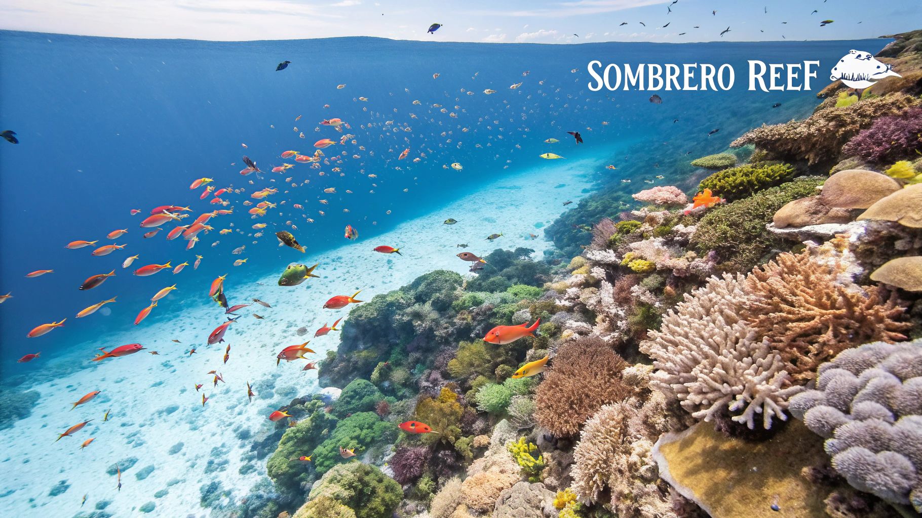 A variety of colorful fish swimming over a healthy coral reef, a typical sight when snorkeling Marathon FL