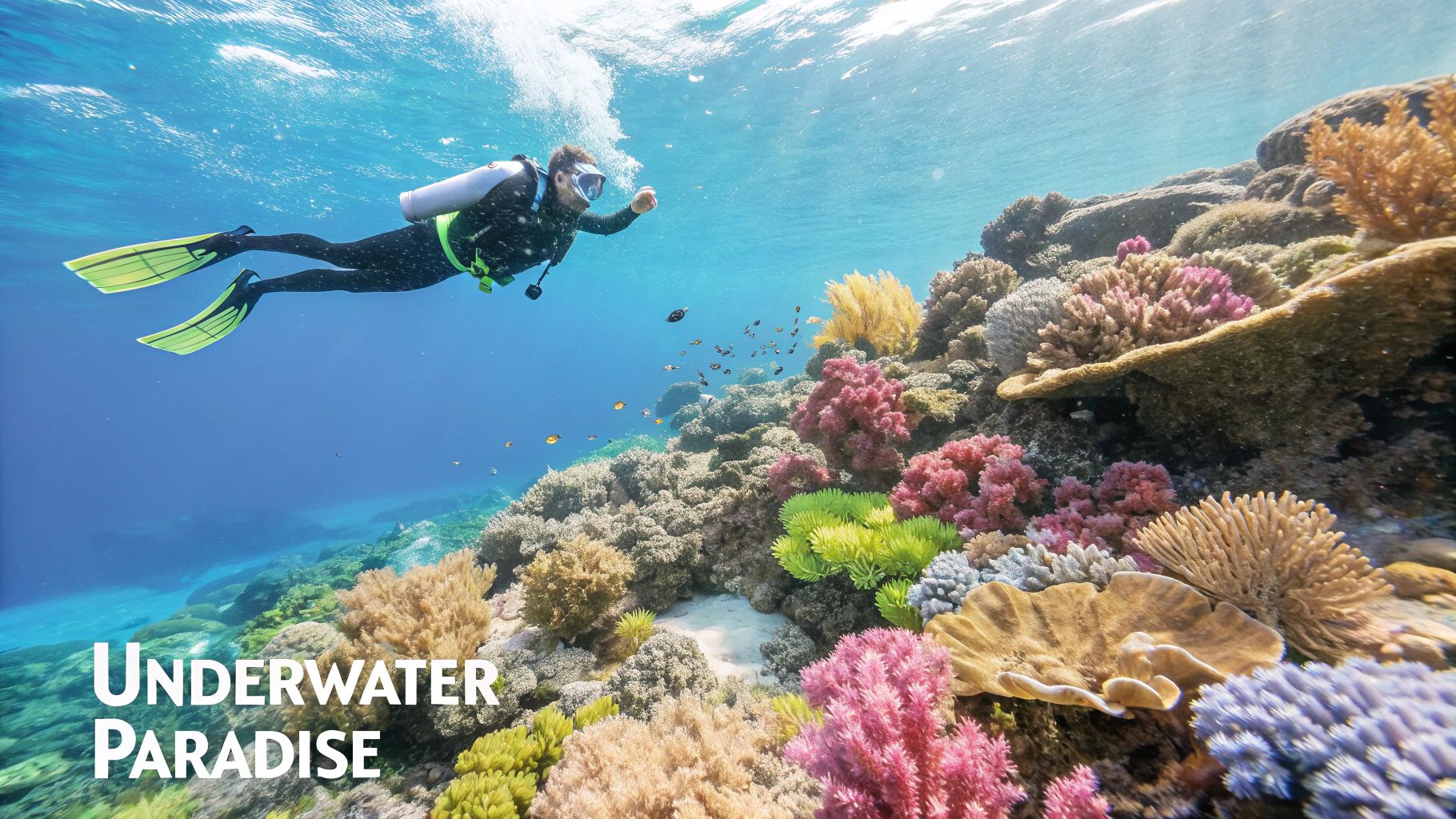 A vibrant coral reef with colorful fish swimming around, showcasing the beauty of snorkeling in Marathon, FL.