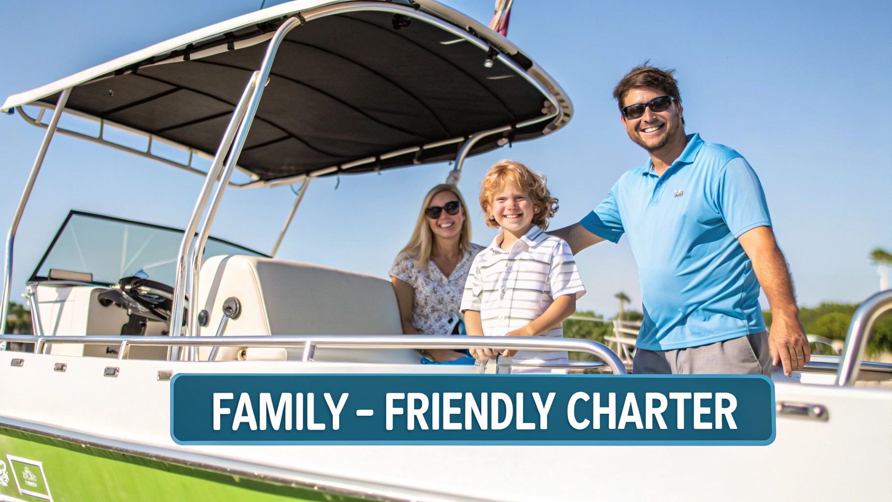 A happy family, a man, woman, and child, smiling aboard a boat on a sunny day.