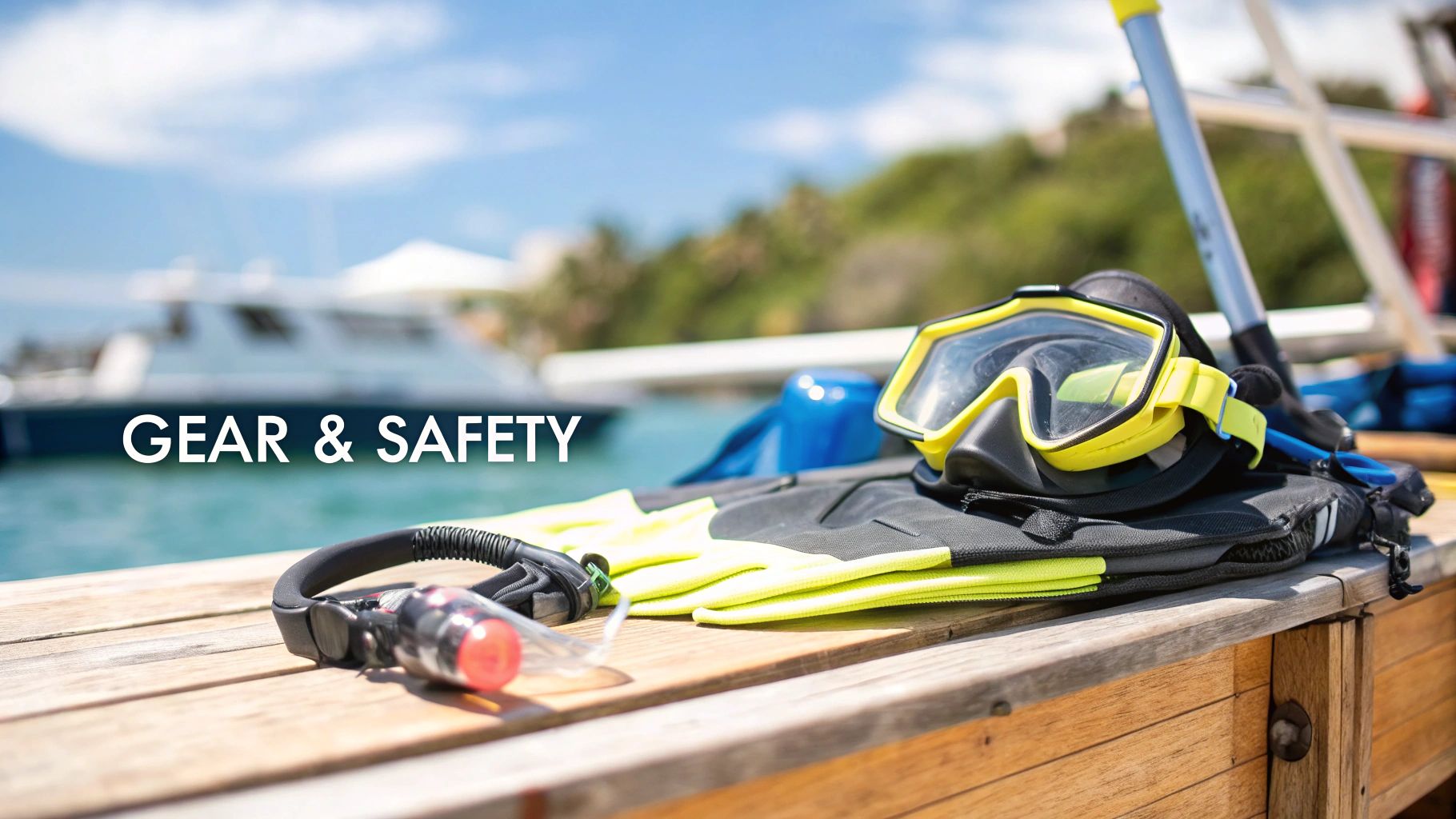A person's snorkeling gear laid out on a dock in Marathon, FL