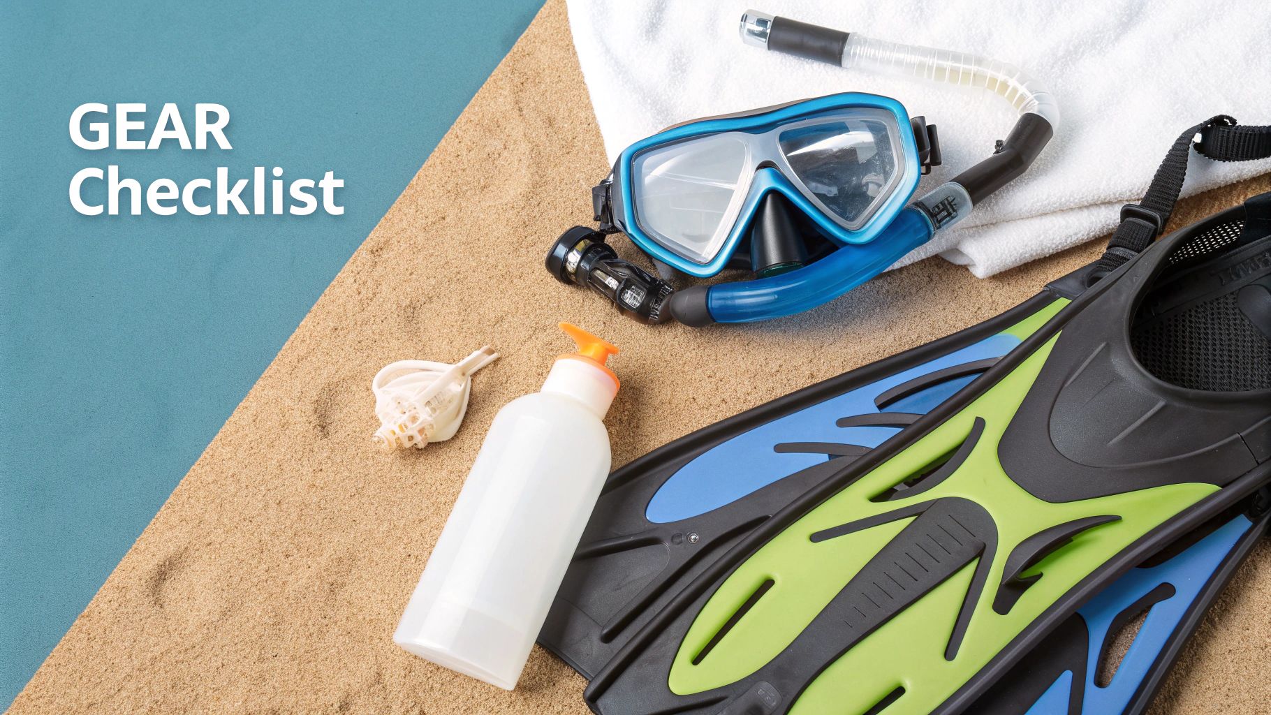 A snorkeler's mask, fins, and reef-safe sunscreen laid out on a beach, ready for a day of exploring.