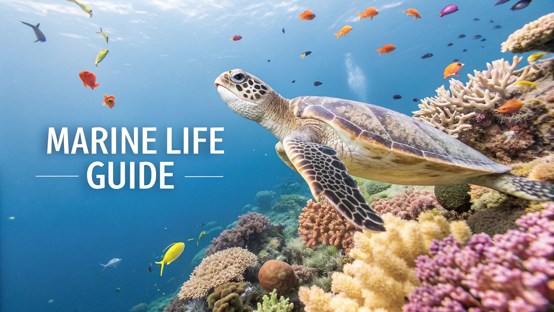 A green sea turtle swimming over a coral reef in Marathon, FL