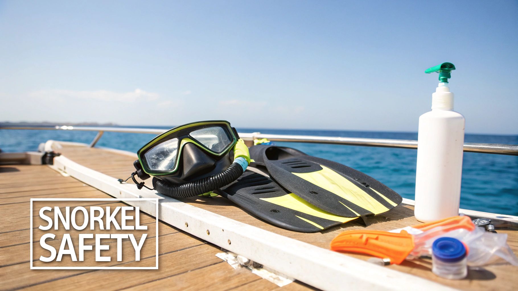 Snorkeling mask, snorkel, fins, and sunscreen on a wooden boat deck with the ocean under a clear sky.