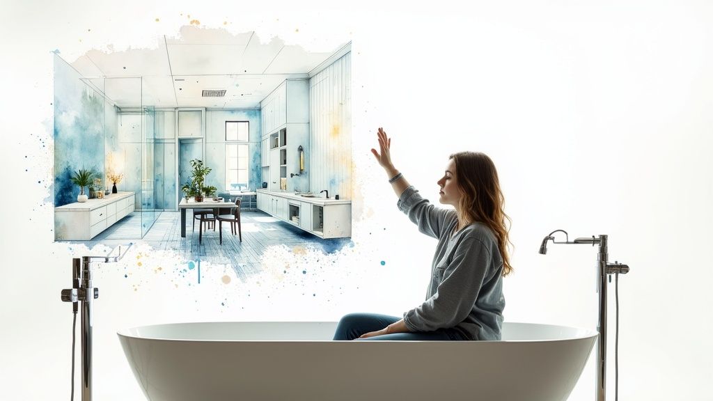 A modern, luxurious bathroom with a freestanding tub and large window, showcasing an AI-generated design.