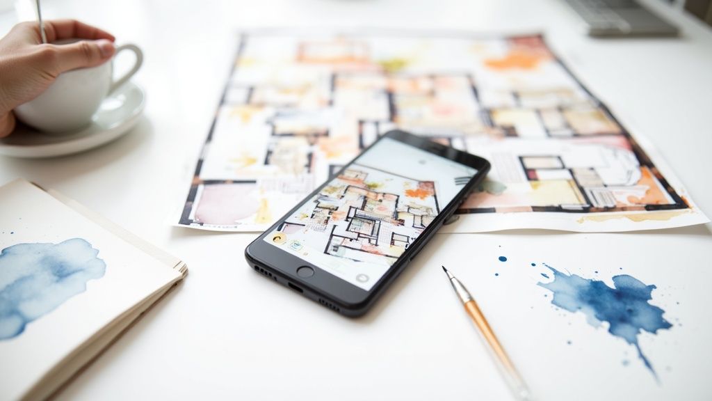 A creative desk with a smartphone showing a floor plan, a blueprint, coffee, and watercolor art.
