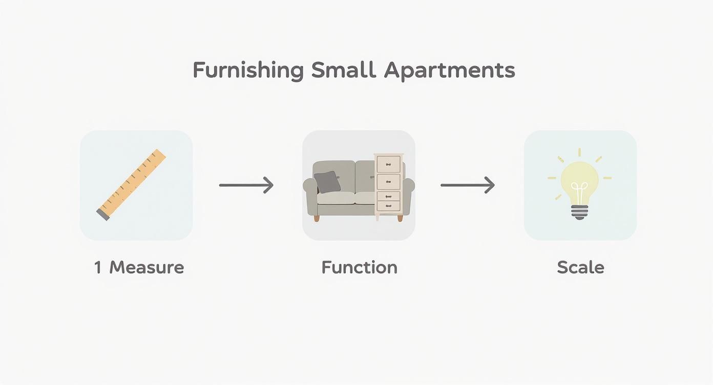 Flowchart explaining how to furnish small apartments: Measure, Function, and Scale.