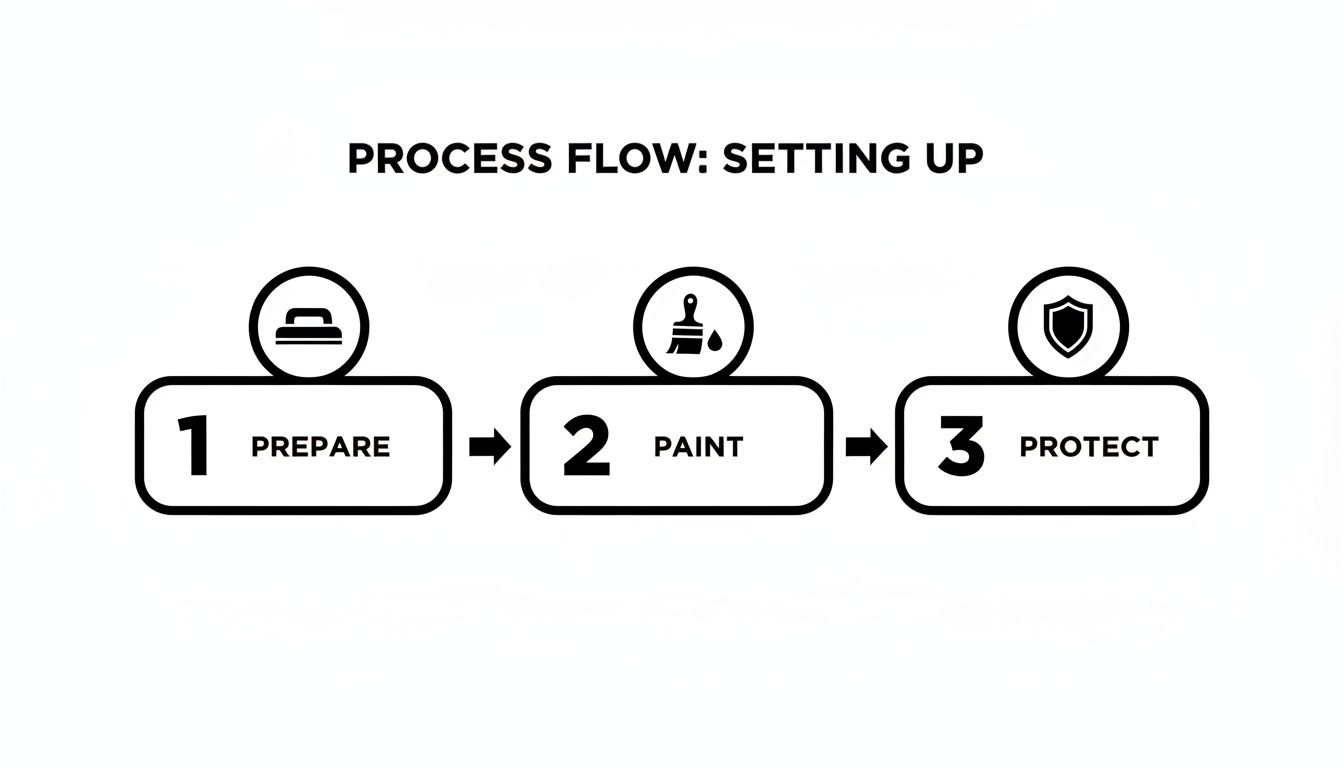 Process flow diagram illustrating three steps: Prepare, Paint, and Protect, each with a relevant icon.