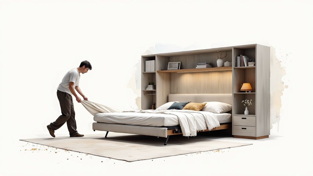 A man makes a bed with white sheets in a modern bedroom with a built-in shelving unit.