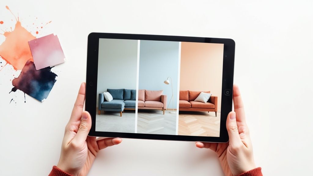 Hands holding a tablet displaying different living room designs with varied wall colors, next to watercolor paint swatches.