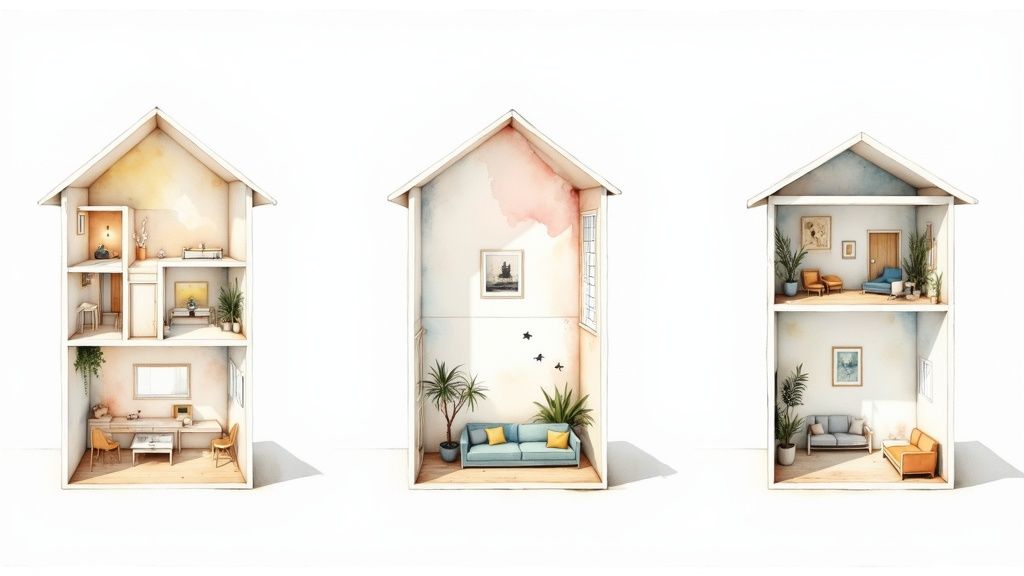 Three watercolor-rendered cross-section dollhouses, each showing multiple floors with cozy, furnished interior rooms.