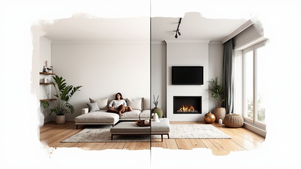 Modern living room before and after renovation comparison showing minimalist design with fireplace