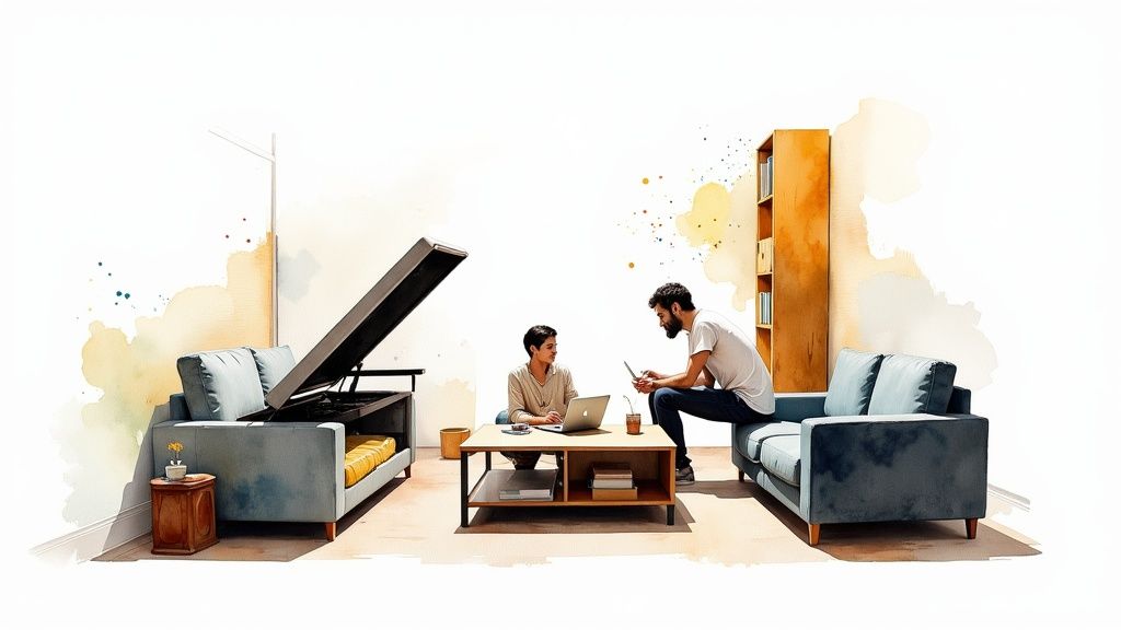 A stylish small studio apartment featuring multi-functional furniture, including a sofa with visible legs and vertical shelving.