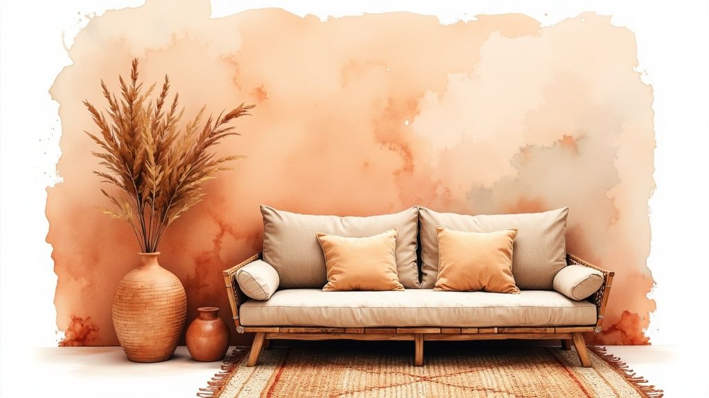 Warm, inviting living room features a peach watercolor wall, wood sofa, and natural decor.