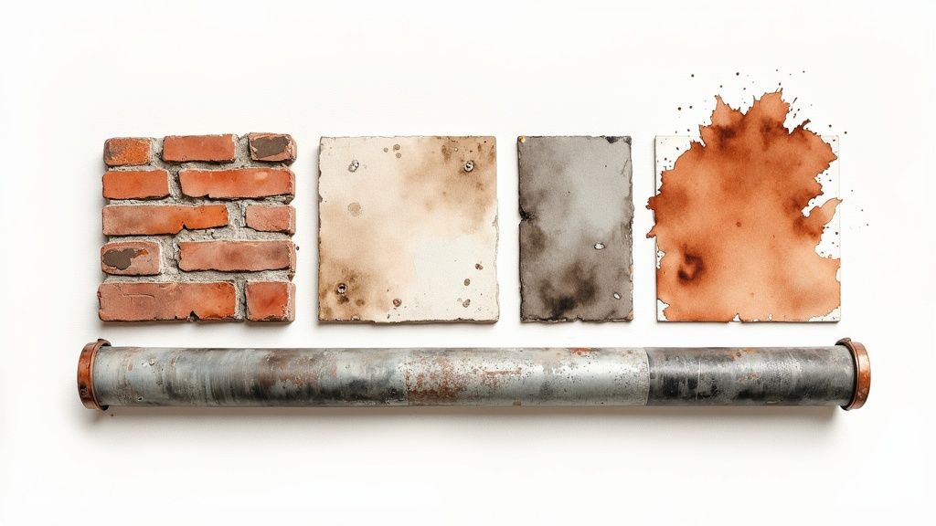 A minimalist display of rustic industrial materials: brick wall, stained paper, and a rusty metal pipe.