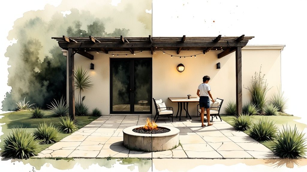 Modern backyard patio with pergola, fire pit, and outdoor dining area under warm lighting