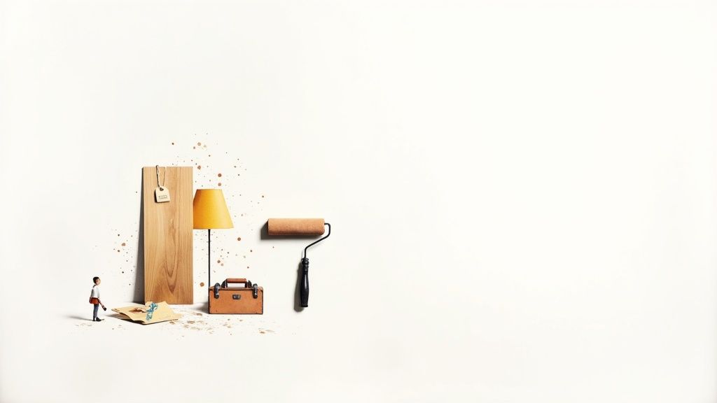 View of a partially renovated room with construction materials, tools, and sunlight streaming through a window, indicating market activity.