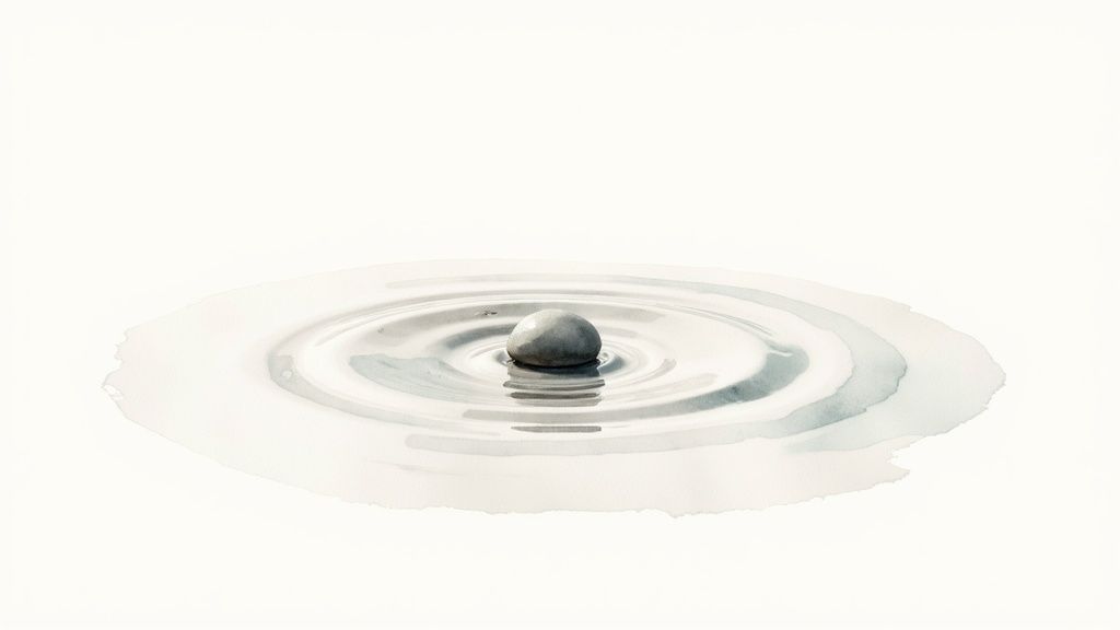 A smooth grey stone creates circular ripples in calm water against a serene white background.