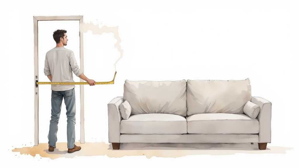Man measuring doorway with tape measure while planning furniture placement for beige sofa