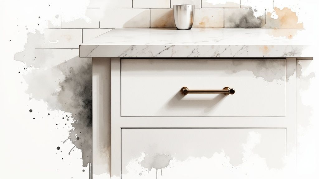 Modern kitchen featuring a white marble countertop, subway tiles, white drawers with a gold handle, and a silver cup.