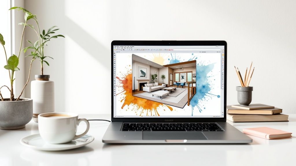 A modern living room designed with interior design software, showcasing furniture and decor.