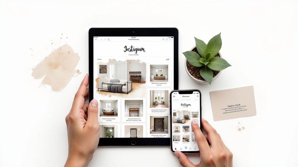 A stylish and well-organized interior designer's workspace.